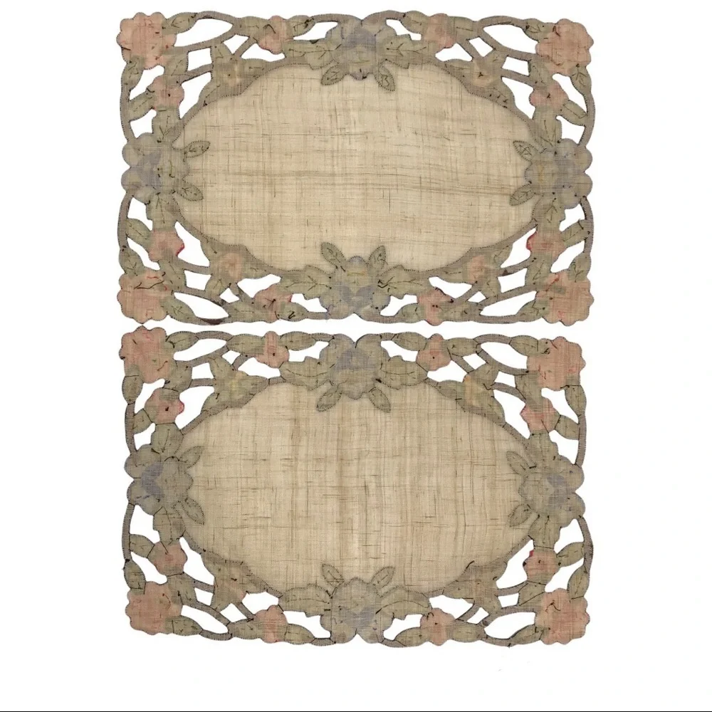 Vintage 9 PC Set Floral Hand Embroidered Scalloped Linen Table Runner Place Mats